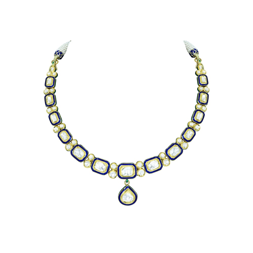 Square and Teardrop Polki Necklace with Blue Meena